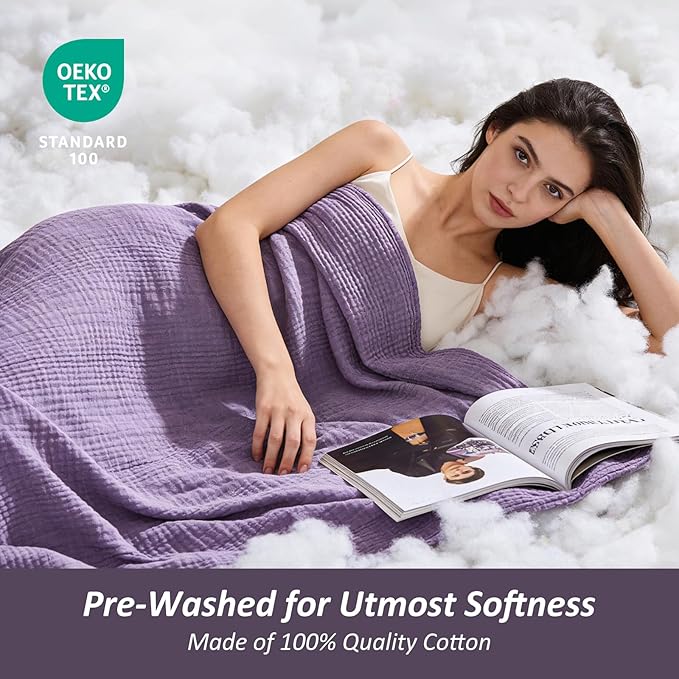 EMME Cotton Muslin King Blanket Bed Layering Bedspread Coverlet Breathable Gauze Soft Lightweight (Heather Purple, 108"x90")
