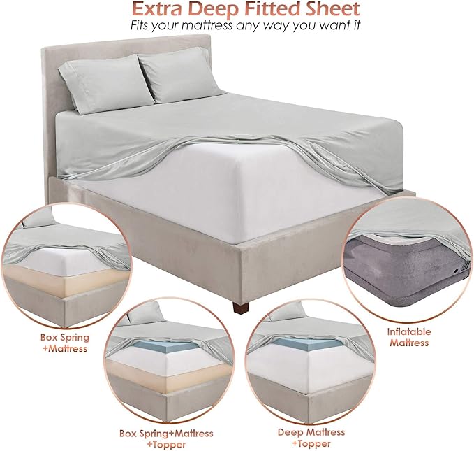 Hearth & Harbor Extra Deep Pocket Sheets - Fits Mattress 18-24 Inches Deep - Extra Deep Pocket Twin Sheets Sets - 4 Piece Twin Size - Silver