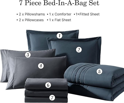 Monbix Oversized King Size Comforter Set - 7 Pieces Blue Gray Bed in a Bag Oversized King Bedding Sets with Comforter, All Seasons Comforter Bed Set with Sheets, Pillowcases & Shams