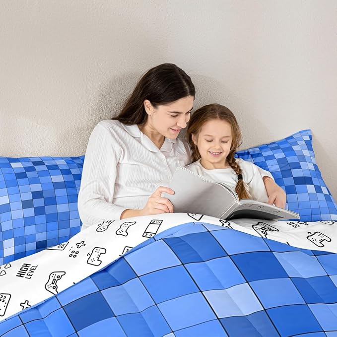 Pixel Grid Miners Comforter Set King Size,Video Games Plaid Lattice Kids Bedding Set,Geometric Check Quilt Comforter,Light Blue Duvet Insert,2 Pillowcases