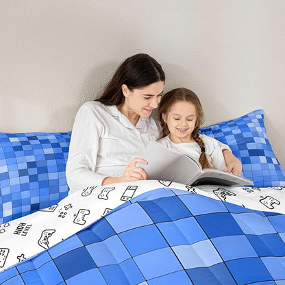 Pixel Grid Miners Comforter Set King Size,Video Games Plaid Lattice Kids Bedding Set,Geometric Check Quilt Comforter,Light Blue Duvet Insert,2 Pillowcases