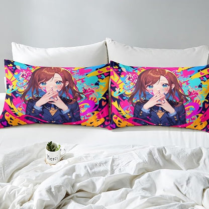 Erosebridal Anime Girl Full Bed Sheets, Japanese Anime Bedding Set 3 Piece for Kids Girls Teens Adult Bedroom Decor, Cartoon Girl Fitted Sheet Kawaii Japanese Animation Sheets