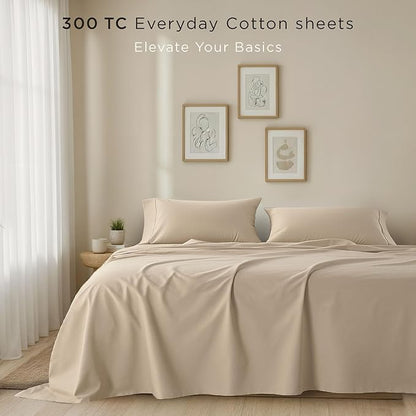 Threadmill Cotton Queen Sheet Set | 100% Cotton Sheets for Queen Size Bed | Solid Sateen Queen Bed Sheets Set with 16” Deep Pocket | Soft Breathable 4-Piece Cooling Bedding Sheet Set | Beige