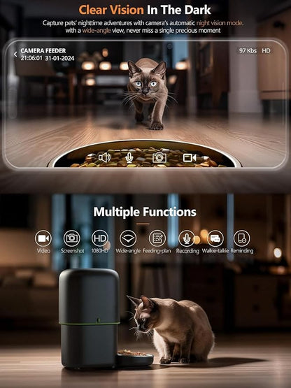 Automatic Cat Feeder with Camera - 5G WiFi Auto Cat Food Dispenser, 1080P HD Video with Night Vision, 1-15 Meals, 1-99 Portions, 2-Way Audio, Keeps Food Fresh, 4L Timed Pet Feeder Also for Dogs