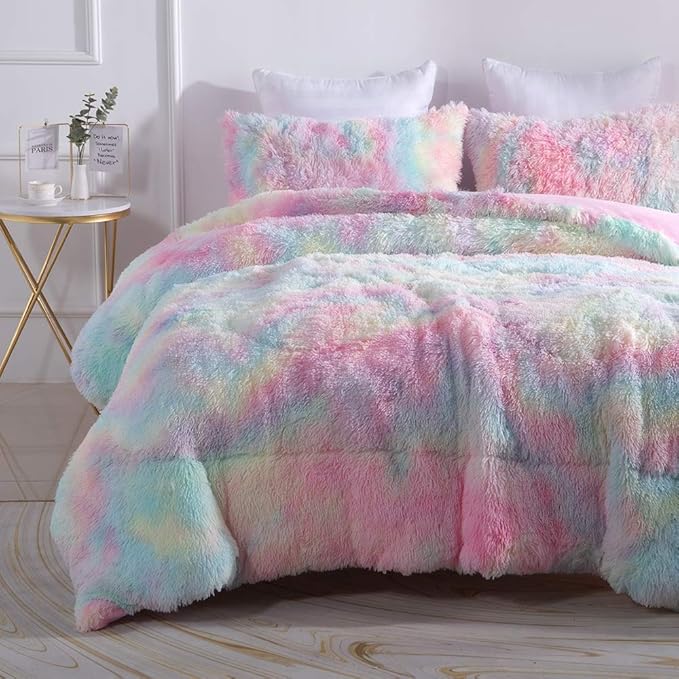 Wajade Faux Fur Plush Rainbow Comforter Set Fluffy Fuzzy Shaggy Bedding Set - 3PC Full/Queen Microfiber Soft Warm Quilt Set