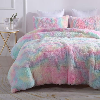 Wajade Faux Fur Plush Rainbow Comforter Set Fluffy Fuzzy Shaggy Bedding Set - 3PC King Size Microfiber Soft Warm Quilt Set