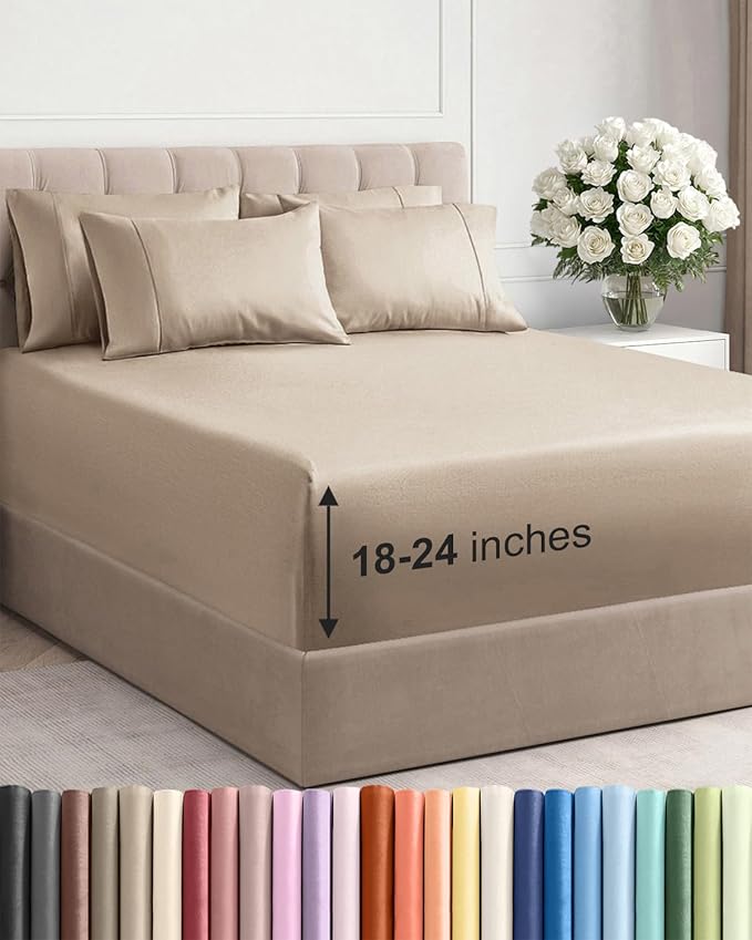 Extra Deep Cal King Sheet Set - 6 Piece Breathable and Cooling Sheets - Hotel Luxury Bedding for Women, Men, Kids & Teens - Easy Secure Fit - Soft, Wrinkle Free and Comfy - Extra Deep Pockets - Cream