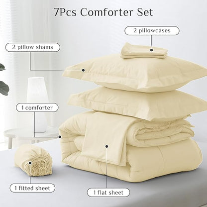 JOLLYVOGUE Full Comforter Set, Ultra-Soft Bed in a Bag Full Size 7 Pieces, Oeko-TEX Certified Bedding Set with Down Alternative Comforter, Sheets, Pillowcases & Shams, Light Yellow