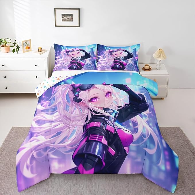 Erosebridal Girls Japanese Anime Bedding Set Toddler, Kawaii Anime Girl Comforter Set Cartoon Girl Quilt for Kids Teens Adult Women, Japanese Animation Sci Fi Style Duvet Insert, Blue Purple