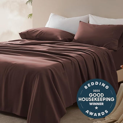SLEEP ZONE Nanotex Super Soft Cooling Full Size Bed Sheets Set 4 Piece - Easy Care Fitted Flat Sheet & Pillowcase Sets - Wrinkle Free, Fade Resistant, Deep Pocket 16" (Brown, Full)