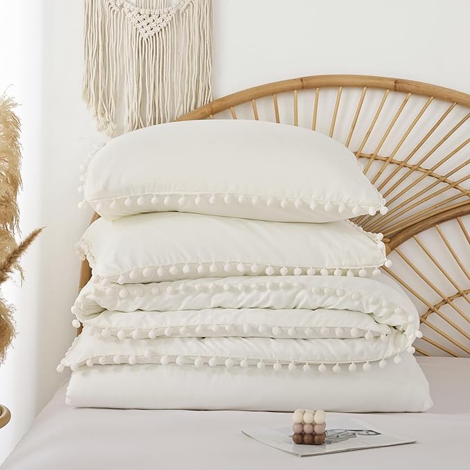 YIRDDEO Full Ivory Microfiber Comforter Set, 3pcs Boho Ball Pom Fringe Design Bedding Set (1 Comforter, 2 Pillowcases)