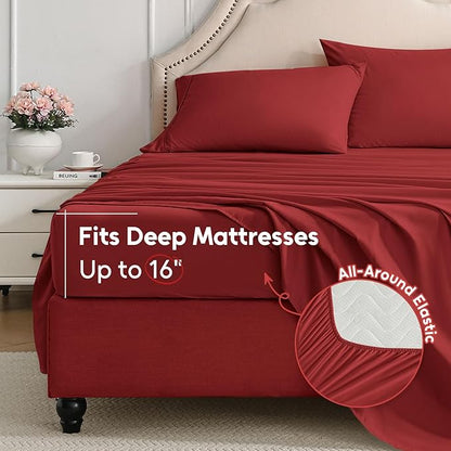 King Size Sheets Set, 4 Pieces Hotel Luxury Soft Microfiber Bed Sheets Set, Up to 16" Deep Pockets, Oeko-Tex Sheets with Elastic, Breathable, Wrinkle Free (Wine Red, King)