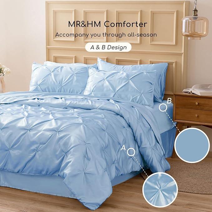 MR&HM Satin Comforter Full 7 Pieces - Luxurious Pinch Pleat Bedding Set with Comforter, Flat Sheet, Fitted Sheet, Pillowcases & Shams, Super Silky Soft Bed Set for All Season (Full, Light Blue)