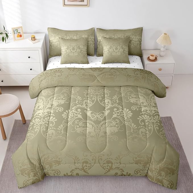 Erosebridal Gothic Damask Bed in a Bag King Size Comforter Set 7 Pieces,Butterfly Skull Bedding Sets Olive Grey Victorian Floral Goth Sheet Set with Comforter