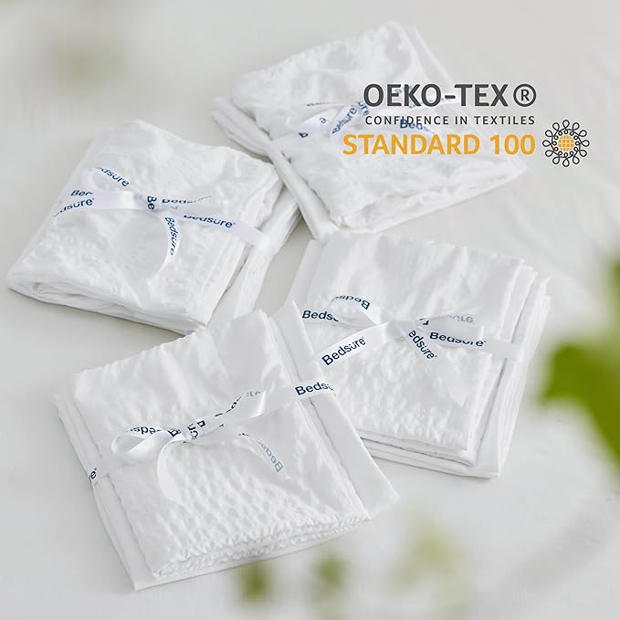 Bedsure Plaid Seersucker Comforter Sets Full Size Bed 7 Piece, Soft Lightweight White Bedding All Season Full Bed in a Bag Set with Comforters, Sheets, Pillowcases & Shams