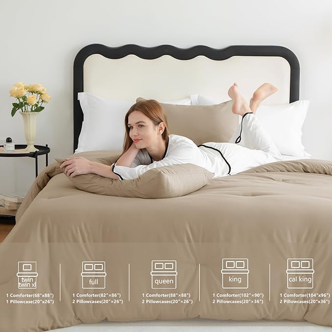 CozyLux Full Size Comforter Set Taupe, 3 Pieces Solid Breathable Quilted Bedding Sets, Luxury Lightweight Soft Bed Set with Down Alternative Comforter and 2 Pillowcases for All Seasons