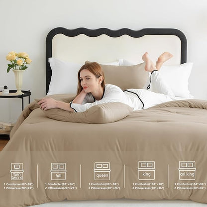 CozyLux Queen Comforter Set Taupe, 3 Pieces Solid Comforters Queen Size Breathable Quilted Bedding Sets, Luxury Soft Lightweight Bed Set with Down Alternative Comforter and 2 Pillowcases All Seasons