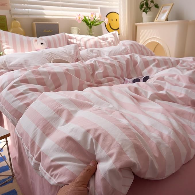 Peach Pink Striped Twin XL Duvet Covers Boho Patterned Twin XL Comforter Cover Farmhouse Aesthetic Preppy Cute Duvet Cover Set with Corner Ties Girls Bedding Washed Microfiber Duvet Protector