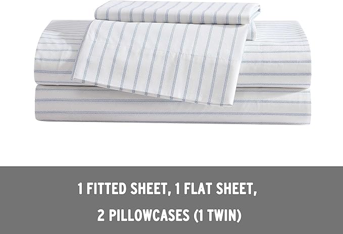 Eddie Bauer - Full Sheets, Cotton Percale Bedding Set, Crisp & Cool Home Decor (Essential Stripe White, Full)
