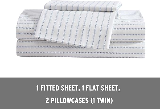 Eddie Bauer - King Sheets, Cotton Percale Bedding Set, Crisp & Cool Home Decor (Essential Stripe White, King)