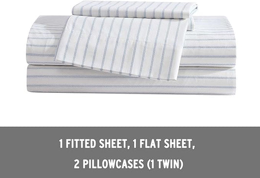 Eddie Bauer - King Sheets, Cotton Percale Bedding Set, Crisp & Cool Home Decor (Essential Stripe White, King)