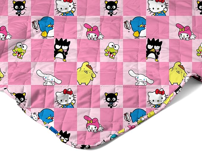 Northwest Hello Kitty & Friends Reversible Quilted Throw, Kawaii Checkered Pattern, Comfy Throw, for Anime Fans, Game Room, Chair or Couch, 60 x 80 Inches
