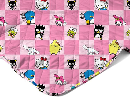 Northwest Hello Kitty & Friends Reversible Quilted Throw, Kawaii Checkered Pattern, Comfy Throw, for Anime Fans, Game Room, Chair or Couch, 60 x 80 Inches