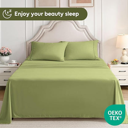 Queen Sheet Set, 4 Pieces Hotel Luxury Soft Microfiber Queen Bed Sheets Set, Up to 16" Deep Pockets, Oeko-Tex Sheets with Elastic, Breathable, Wrinkle Free (Green, Queen)