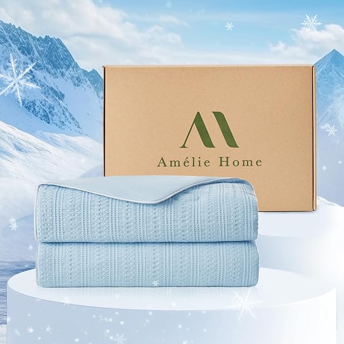 Amélie Home Waffle Cooling Comforter Queen Size, Q-Max 0.45 Reversible Lightweight Cooling Blanket for Hot Sleepers, Breathable Bedding for Night Sweats, 90"x90", Sky Blue