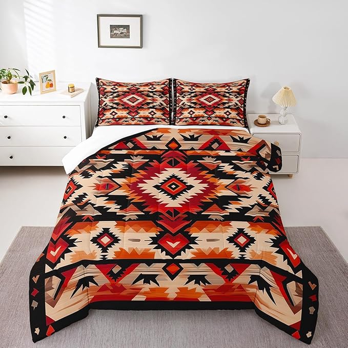 Feelyou Boho Comforter Set Full Size Southwest Native American Design Comforter Southwestern Geometric Bedding Set Western Decor Duvet Set Room Decor Hot Orange Quilt Set