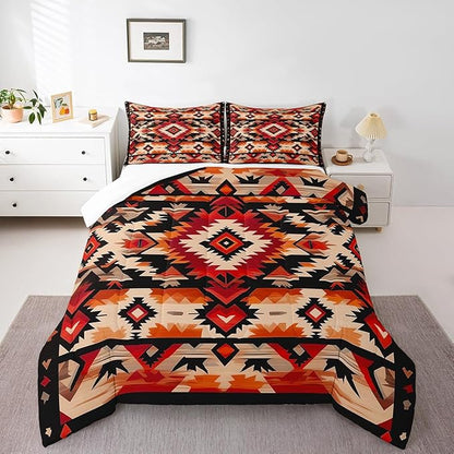 Feelyou Boho Comforter Set Full Size Southwest Native American Design Comforter Southwestern Geometric Bedding Set Western Decor Duvet Set Room Decor Hot Orange Quilt Set
