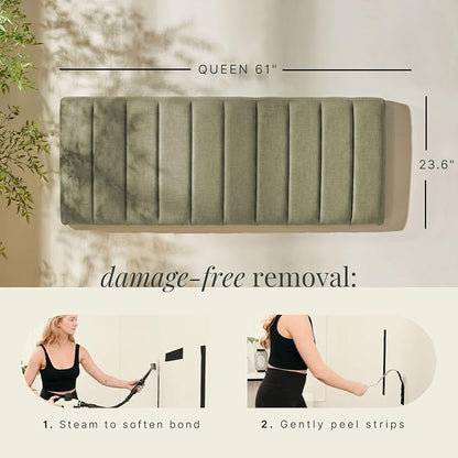 Hearth & Harbor Wall Mounted Queen Headboard Only, Bed Headboard Queen Size | Easy Assemble, Floating Peel & Stick, Upholstered Channel Stitched, 3D Wall Panels, 5 Strips of 3M Tape Included, Olive Green