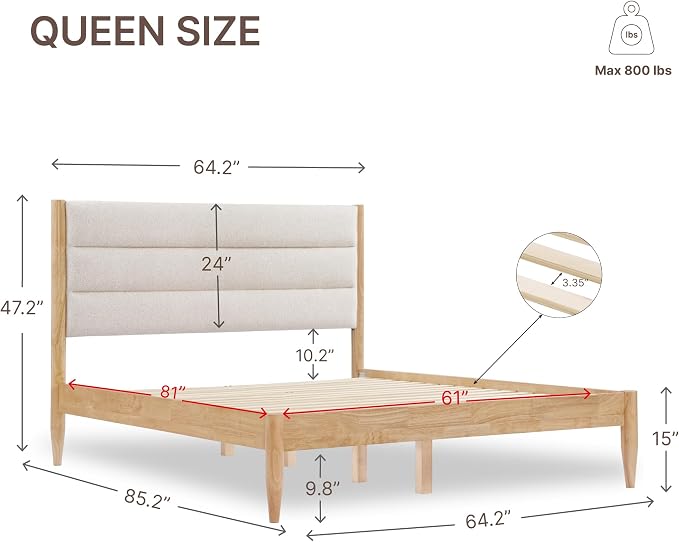 KISLOT Wood Bed Frame with Upholstered Headboard, Oat, Queen | Wooden Platform, Silent Slat Support, Mattress Foundation, No Box Spring Needed, Easy Assembly