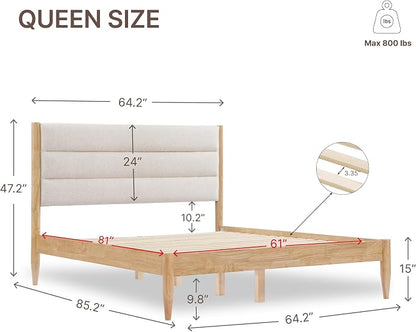 KISLOT Wood Bed Frame with Upholstered Headboard, Oat, Queen | Wooden Platform, Silent Slat Support, Mattress Foundation, No Box Spring Needed, Easy Assembly