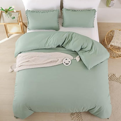 YIRDDEO Full Size Comforter Sets - Full Size Comforter with Ball Pom Fringe, Soft Bedding Set for All Seasons - 3 Pieces, 1 Comforter (79"x90") & 2 Pillow Shams(20"x26"), Sage Green
