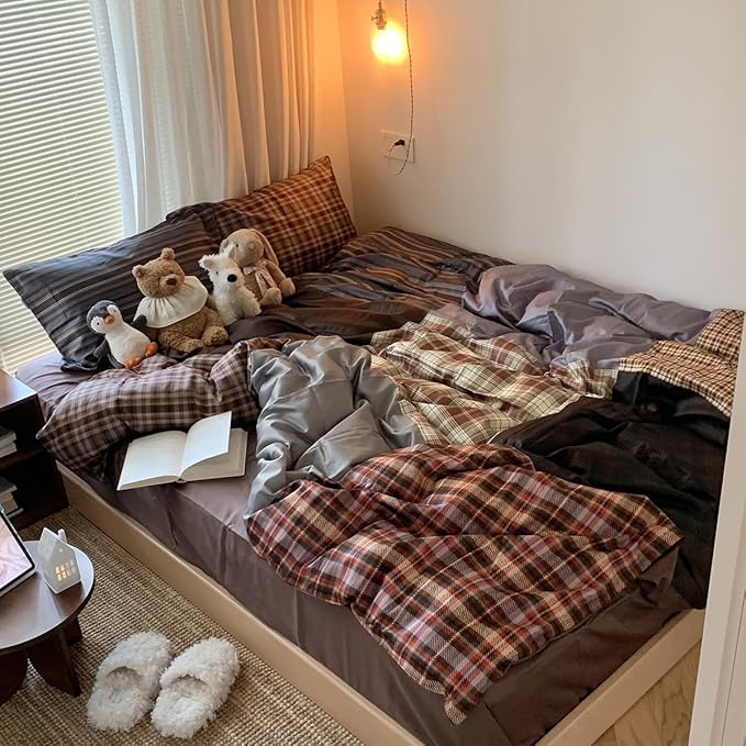 Nayoroom Plaid Duvet Cover Queen Size Vintage Brown Patchwork Checkered Duvet Cover Dorm Bedding Set 3 Pieces Soft Lightweight Washed Microfiber Farmhouse Bedding Set Gifts for Women Men