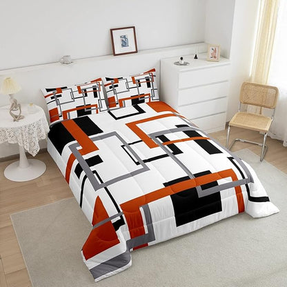 Erosebridal Geometric Square Comforter Set for Men Women,White Black Orange Bedding Set,Abstract Grid Patchwork Quilt Set Lightweight,Modern Down Comforter with 2 Pillow Shams,Queen