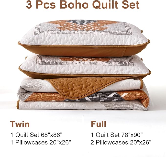 Dintszyayue Boho Quilt Set Full Size,3 Piece Terracotta Aztec Texture Bedspread Coverlet Set Soft Lightweight Bedding Set Geometric Bohemian Bedspread with 2 Pillowcases(Terracotta,78"x90")