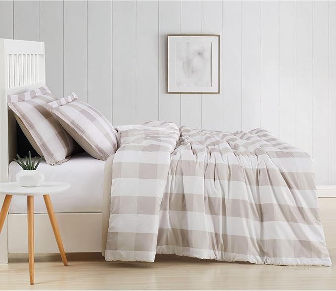 TRULY SOFT Everyday Buffalo Plaid Khaki Polyester 3-Piece King Comforter Set, Plaid Themed, for Men and Women, Oeko-TEX Certified Confidence