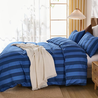 Merryword Blue Striped Duvet Cover Set Queen Size, 100% Natural Cotton Linen Like Duvet Cover Set with Zipper Closure & 8 Corner Ties, Dark Blue Soft Reversible Bedding for All Seasons