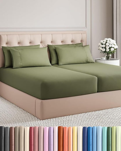 Split King 7 Piece Sheet Set - Comfy Breathable & Cooling - Soft Hotel Luxury Bedding Set with 8-16 Inch Deep Pockets - 1 Flat & 2 Fitted Sheet & 4 Pillowcases - Wrinkle Free & Easy Care - Sage Green
