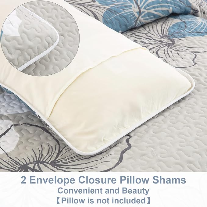 DJY 3 Pieces Quilt Set Queen Floral Pattern Coverlet Elegant Boho Bedspread with 2 Pillow Shams Lightweight Microfiber Bedding All Season (Blue, 90"x96")