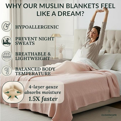 CLOUDSCAPE 100% Cotton Muslin Blanket King Size for Bed - Oversized 4 Layer 108x92 Fits Upto Cal King Bed - Soft Breathable, Lightweight, All Season, Summer Gauze Blanket for Adults - Seashell Pink