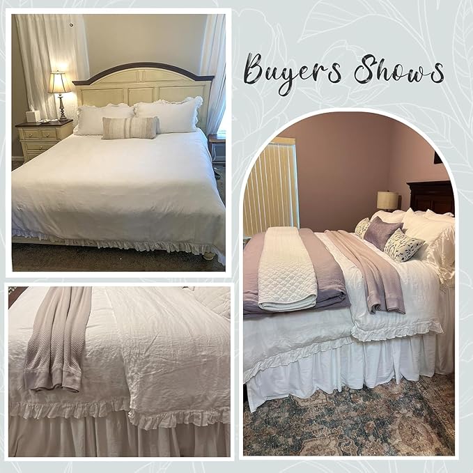 Simple&Opulence 100% Linen Duvet Cover Set, Natural French Flax White Ruffle Duvet Cover Twin Size, Breathable Comfy Linen Bedding Comforter Cover with 1 Pillowcase (White, 68" x 86")
