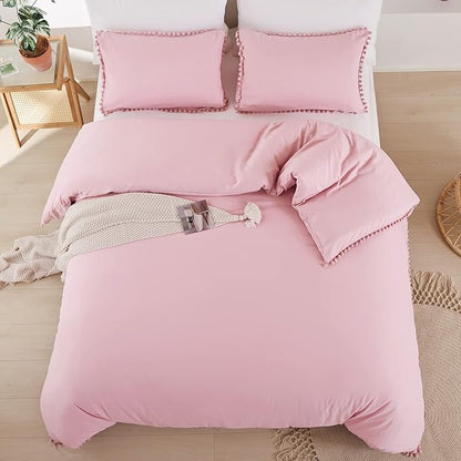 YIRDDEO King Size Comforter Set - King Size Comforter with Ball Pom Fringe, Soft King Bedding Set for All Seasons - 3 Pieces, 1 Comforter (104"x90"inches) & 2 Pillow Shams(20"x36"), Dust Pink