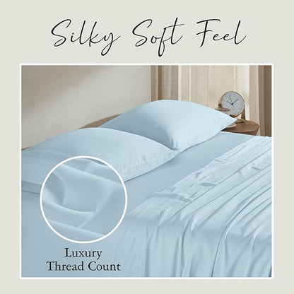 KARISSA MAE Cooling Bamboo Viscose Queen Sheet Set | 100% FSC Certified | 18” Deep Pocket | Silky, Soft, & Hypoallergenic | with Organizer Band & Elastic Corner Straps [Coastal Blue]