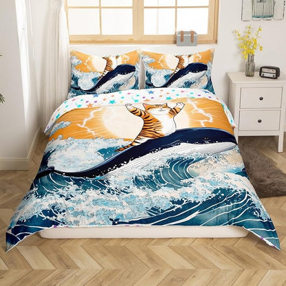 Feelyou Cute Cat Whale Bedding Set Twin Size Japanese Ukiyoe Theme Duvet Cover for Adult Kids Boys Girls Cartoon Anime Comforter Cover Set Navy Blue Bedspread Cover 2Pcs Zipper