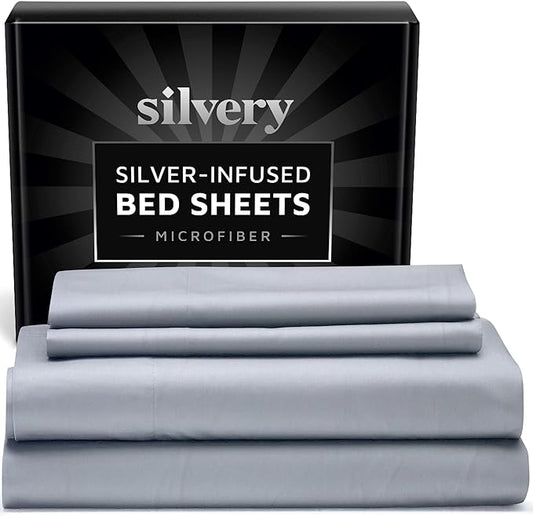 Silvery Silver Infused Bed Sheets Set - Ultra-Soft Temperature-Regulating Fabric with Self-Cleaning Technology™ That Stays Fresh 3X Longer for Hygienic Sleep (Gray, Queen)