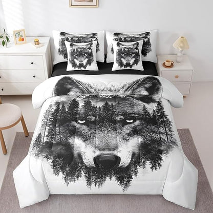 Feelyou Wolf Comforter Set 7 Pieces Full Size Fishing and Hunting Bedding Set for Boys Girls Wildlife Bed in a Bag with Comforter, Sheets, Pillowcases & Cushion Covers