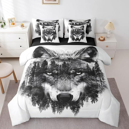 Feelyou Wolf Comforter Set 7 Pieces Full Size Fishing and Hunting Bedding Set for Boys Girls Wildlife Bed in a Bag with Comforter, Sheets, Pillowcases & Cushion Covers